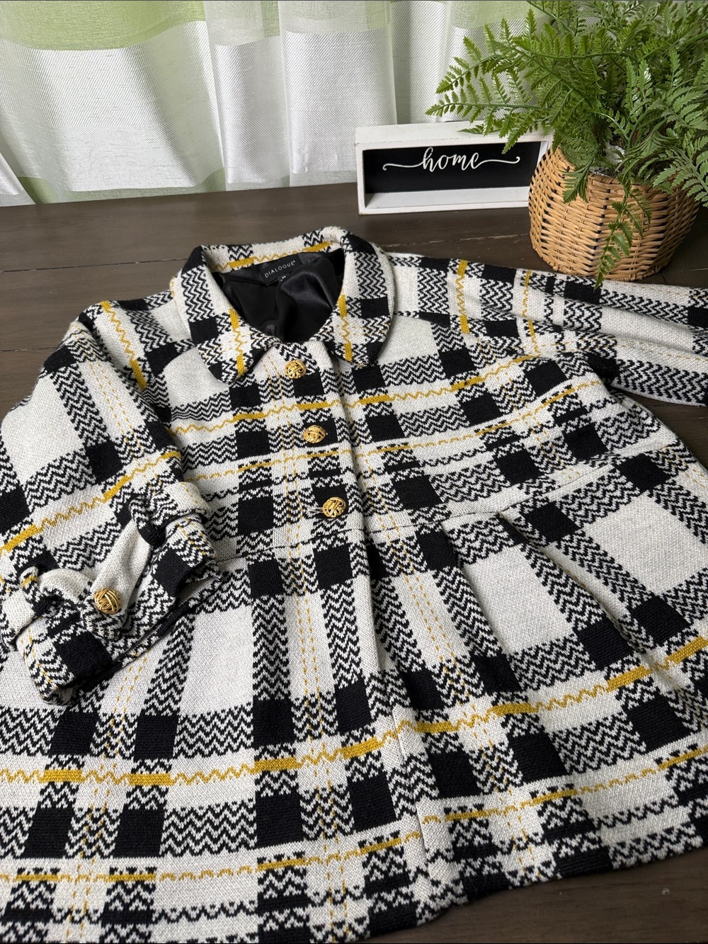 Dialogue Black Satin-Lined Plaid Jacket with Yellow Stripe